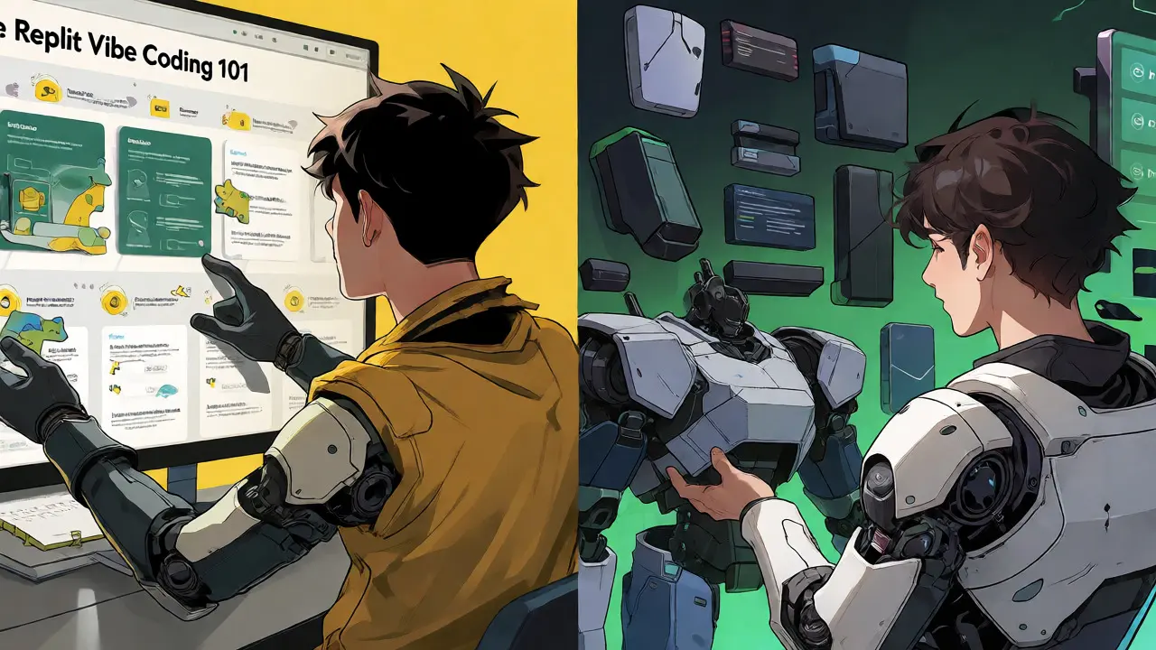 Characters navigating coding courses and template libraries in a tech environment