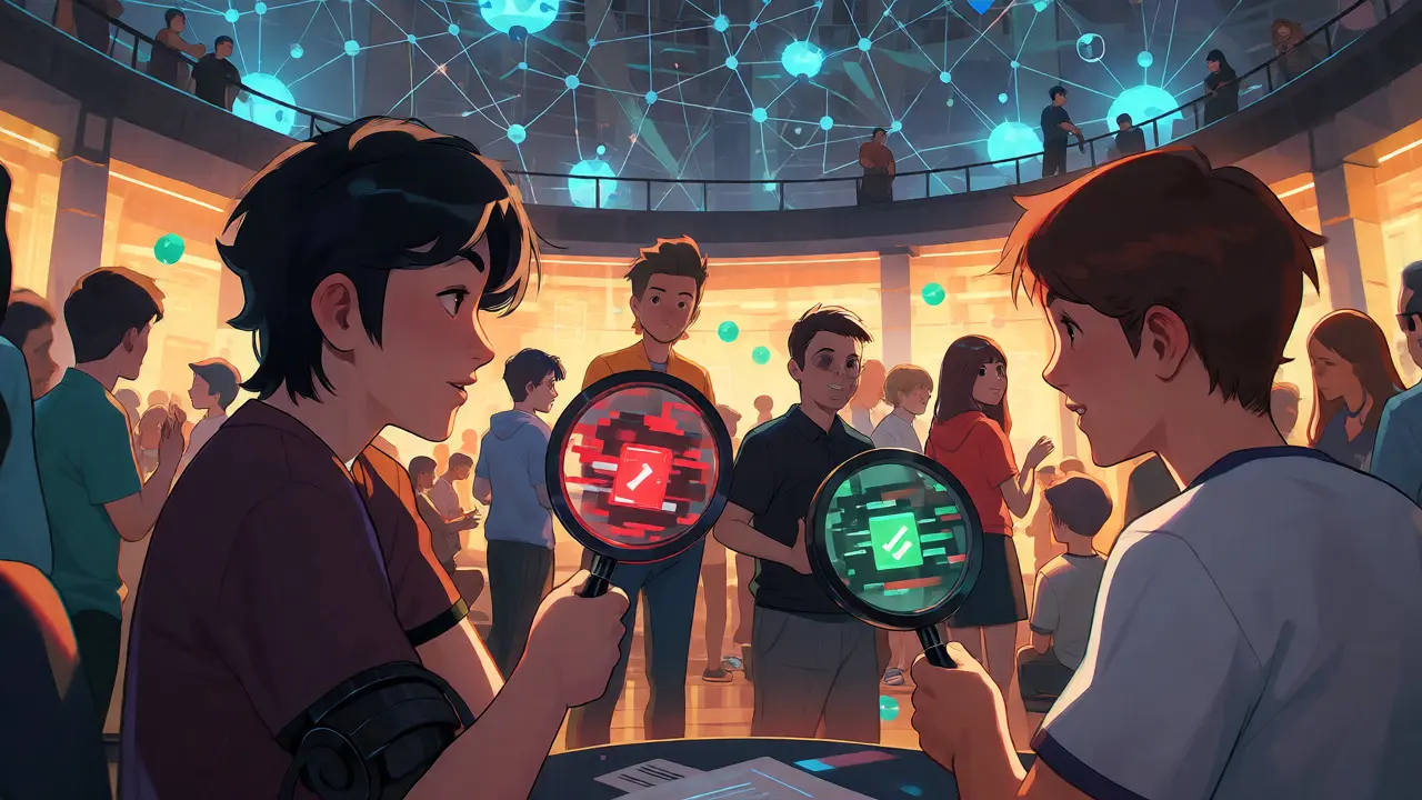 Developers collaborating in a digital community hub to debug and share code