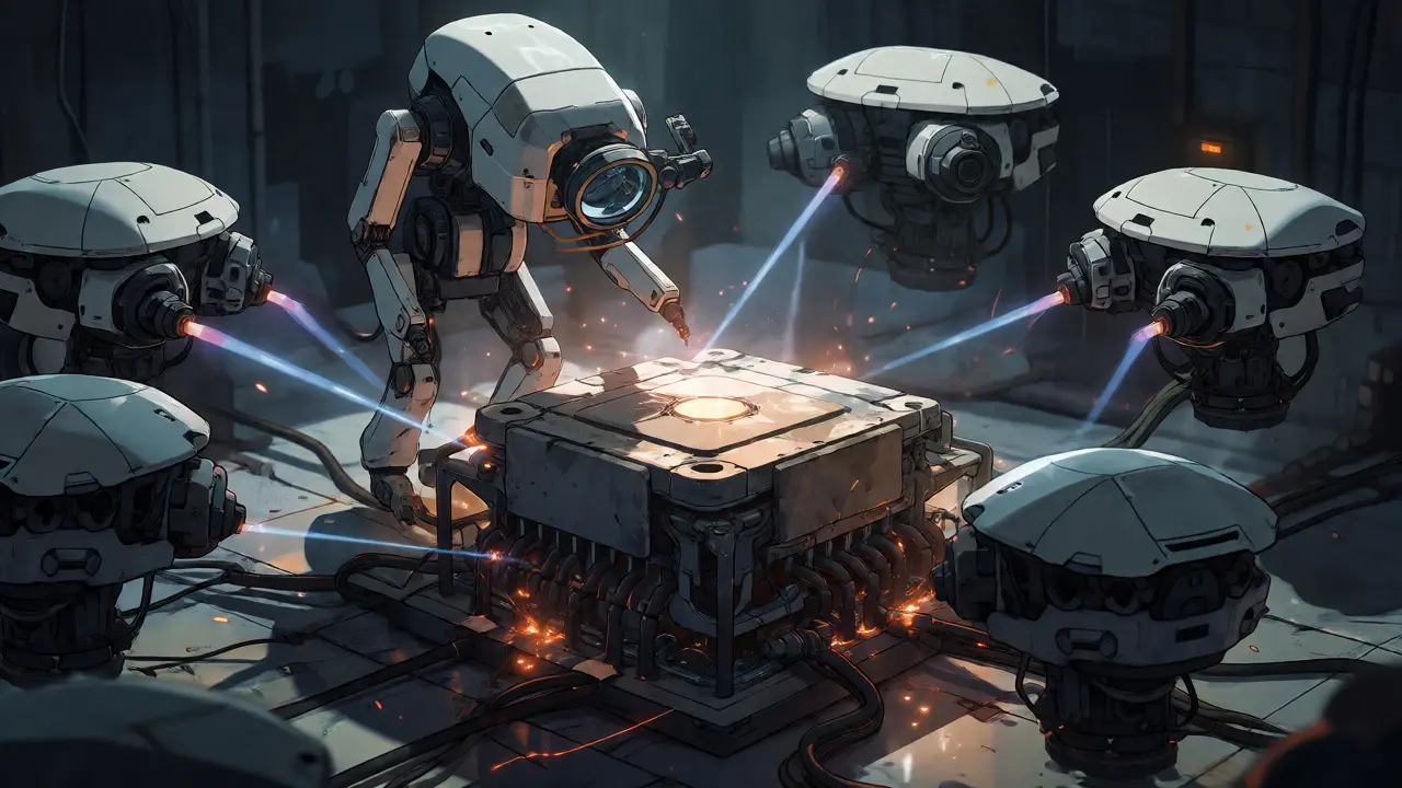 Drone units repairing a central AI mainframe