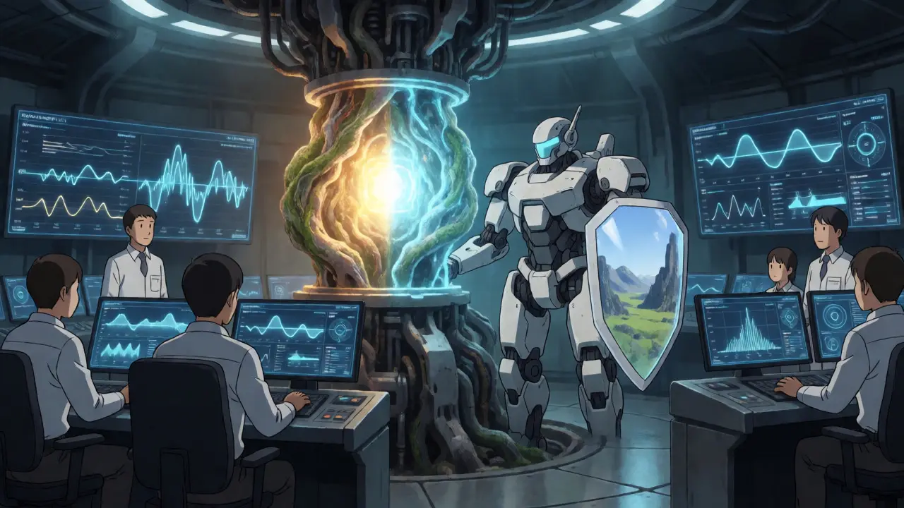 Engineers monitor a hybrid data core guarded by a robot, illustrating AI governance and oversight.