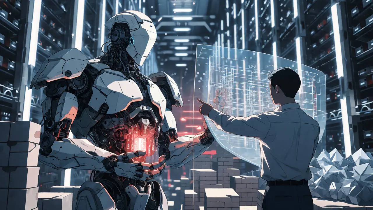 Human architect and mecha robot balancing simple and complex coding tasks