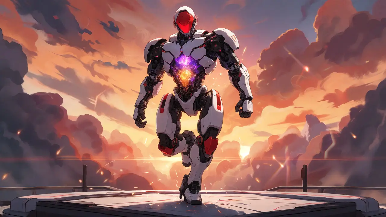 Humanoid mecha balancing on a platform with swirling energy cores