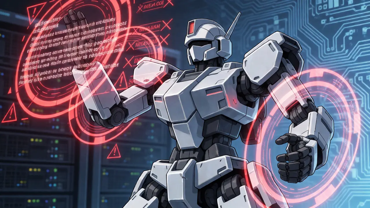 Mecha analyzing holographic text with red error markers