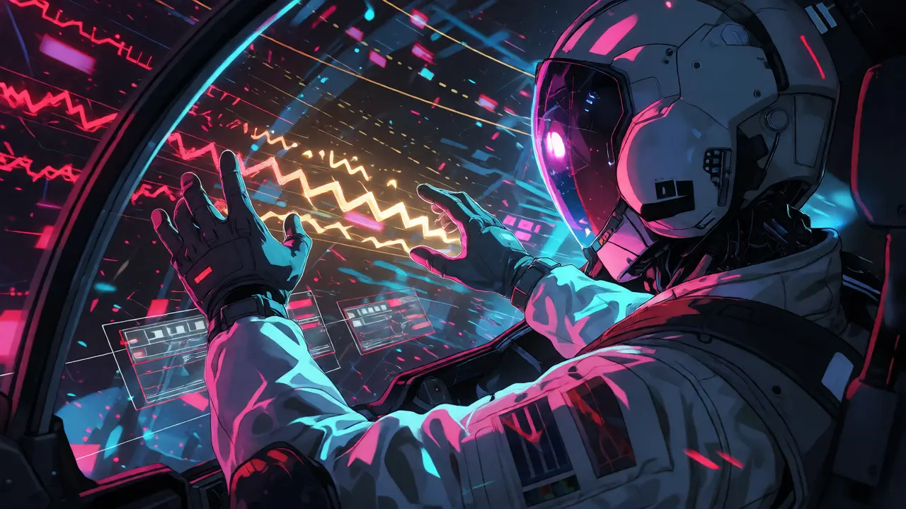 Mecha pilot refining data streams inside a high-tech cockpit