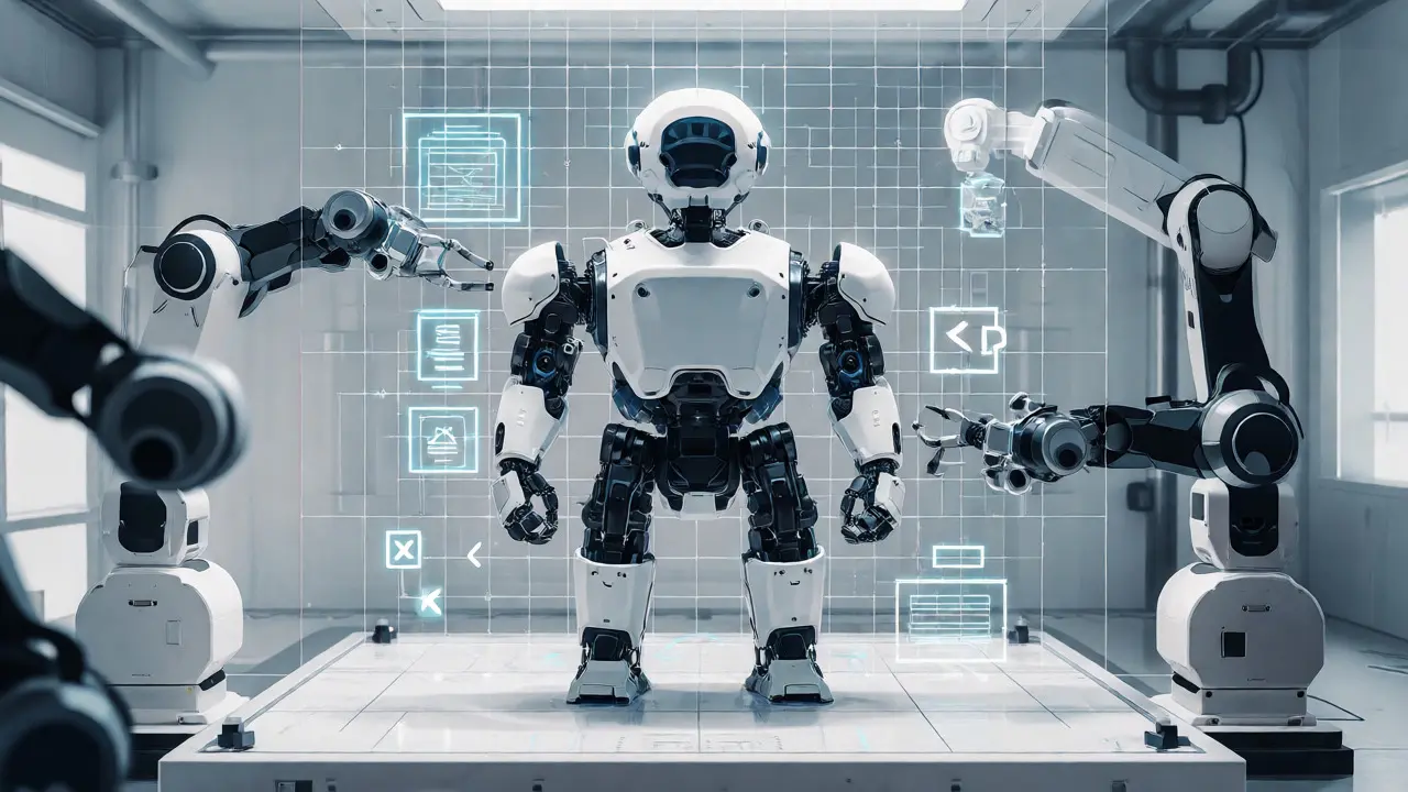 Modular mecha being assembled in a grid-like lab with structural holograms.