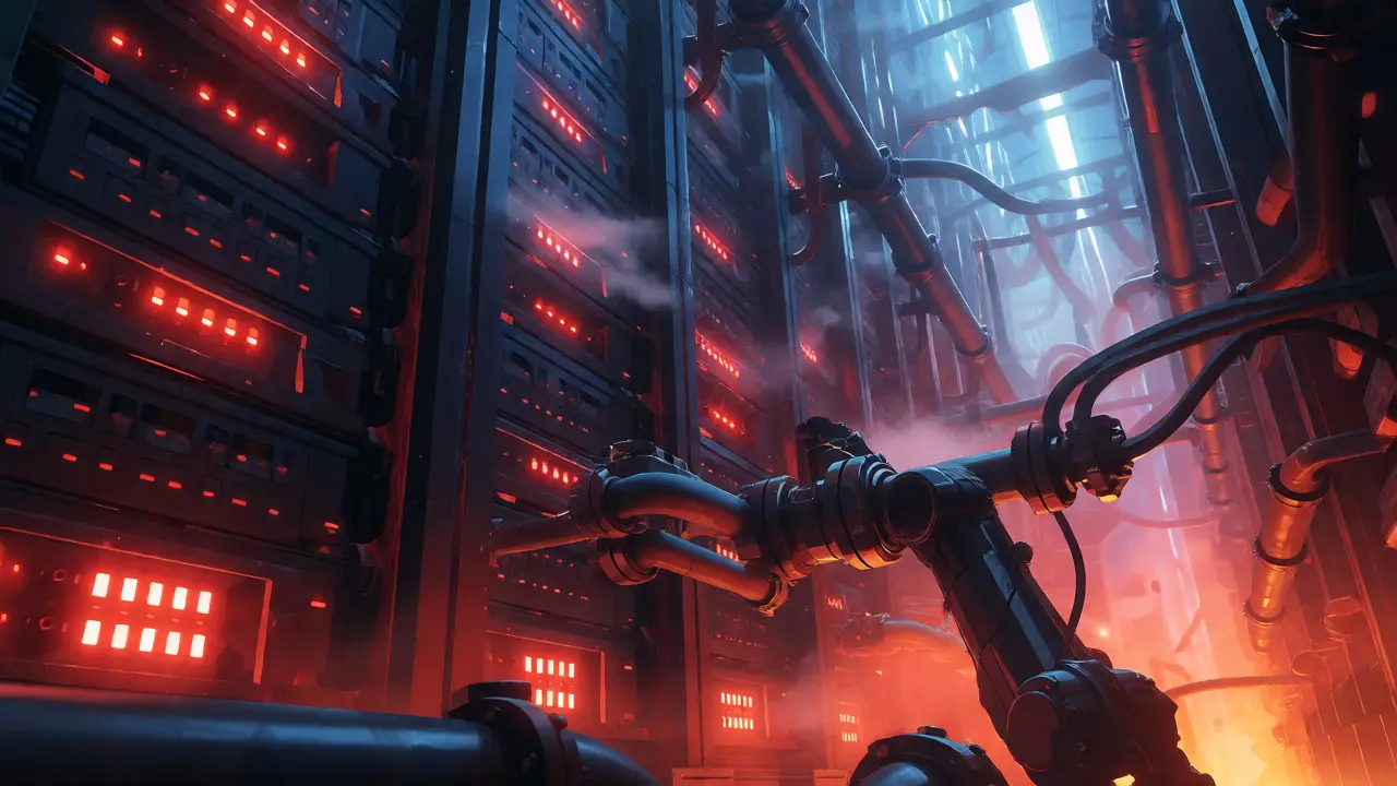 Overheating server racks with liquid cooling systems in a dark, industrial anime setting.