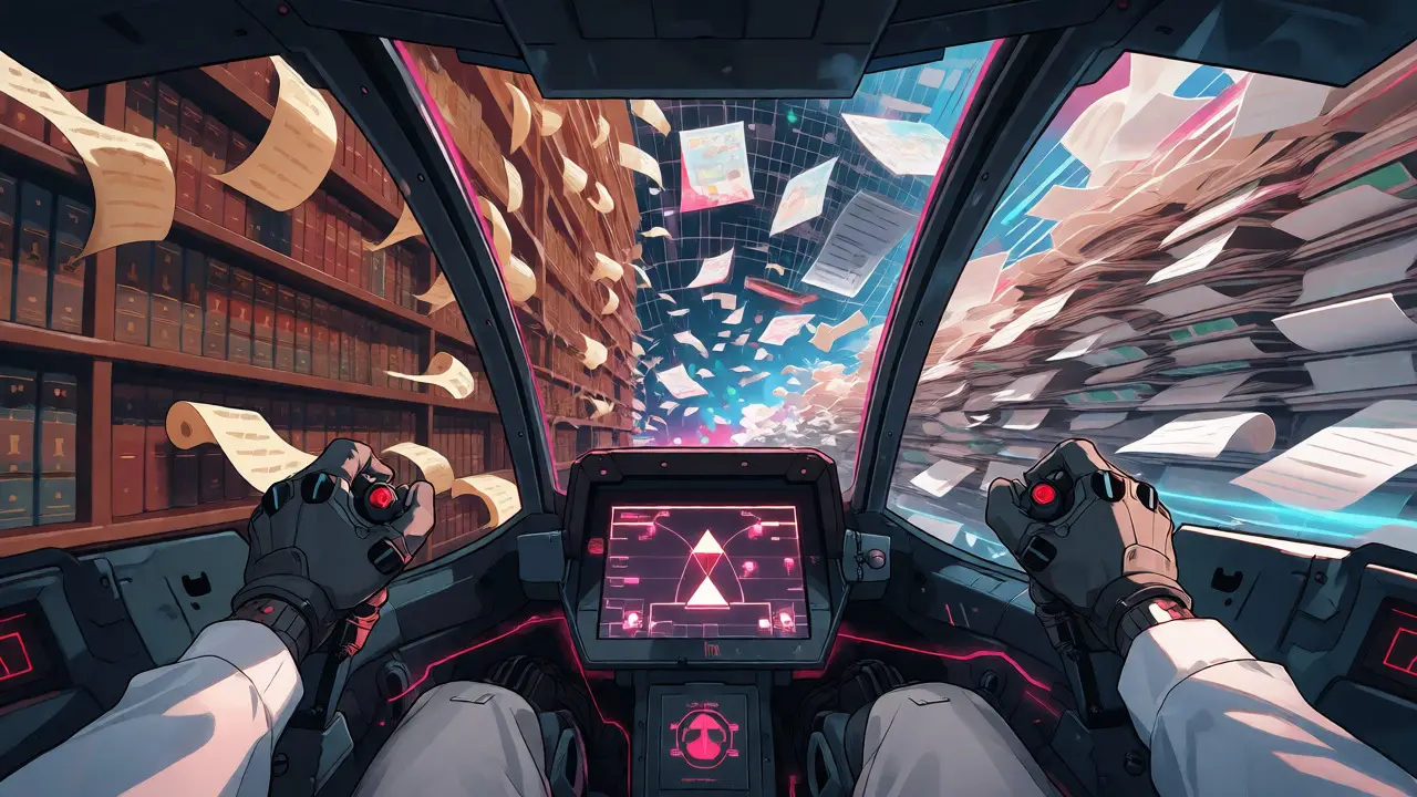 Pilot in a mecha cockpit viewing three different task environments through the canopy.