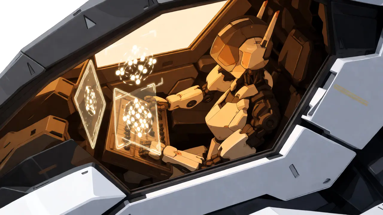 Pilot viewing holographic geometric collapse patterns inside a detailed mecha cockpit.