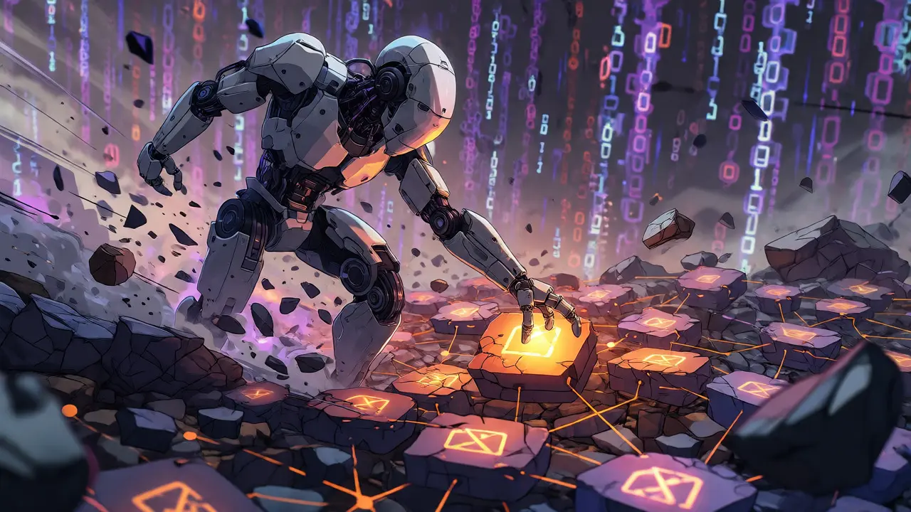 Robot retrieving glowing memory shard from graph network