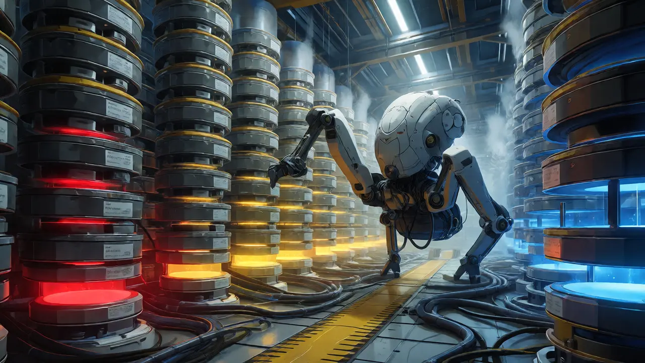 Robot sorting data canisters into tiered storage silos