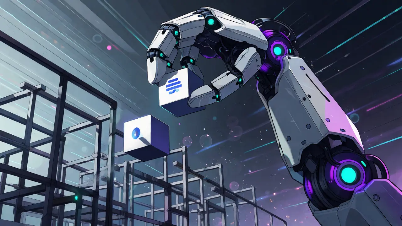 Robotic arm assembling digital UI components in an anime real robot style