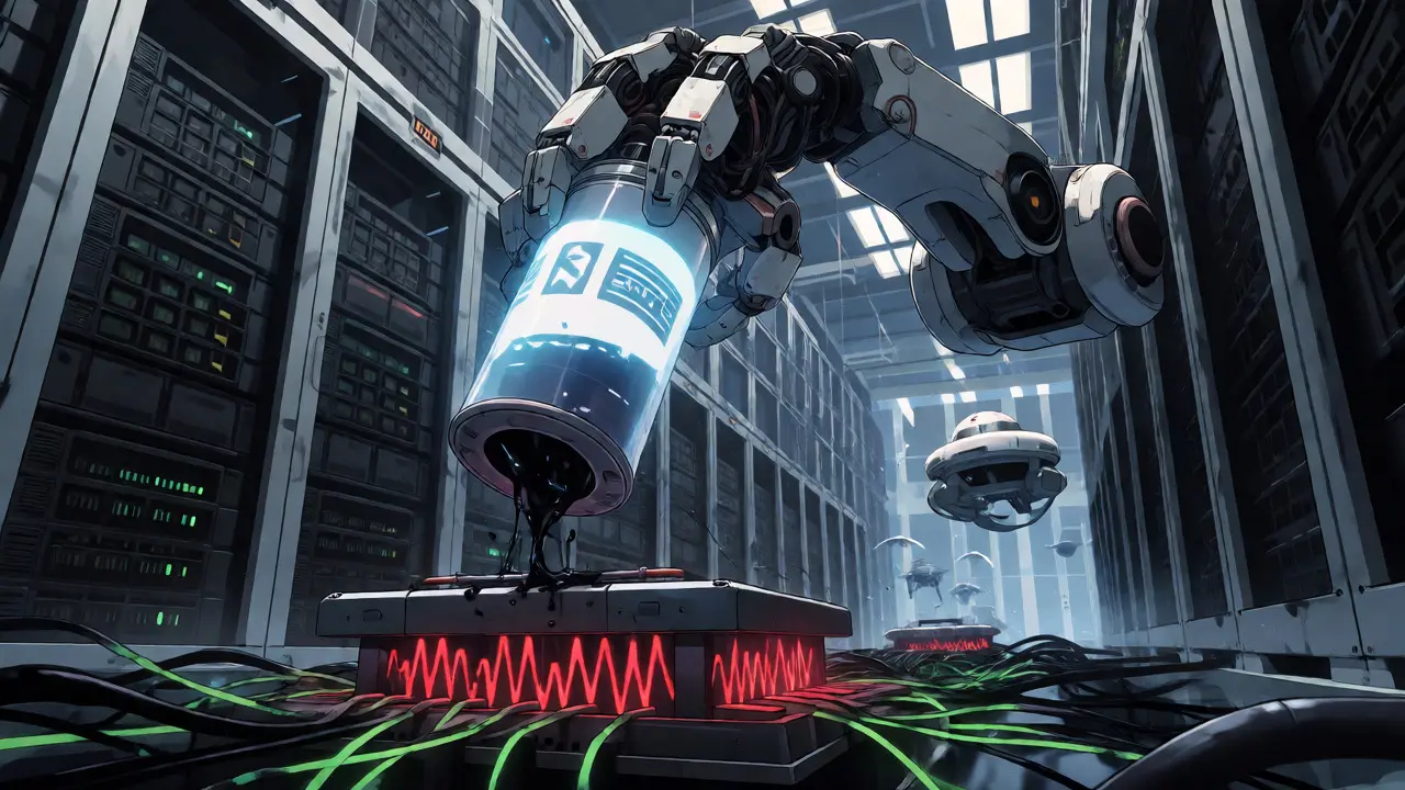 Robotic arm pouring corrupted data into a pulsing AI core