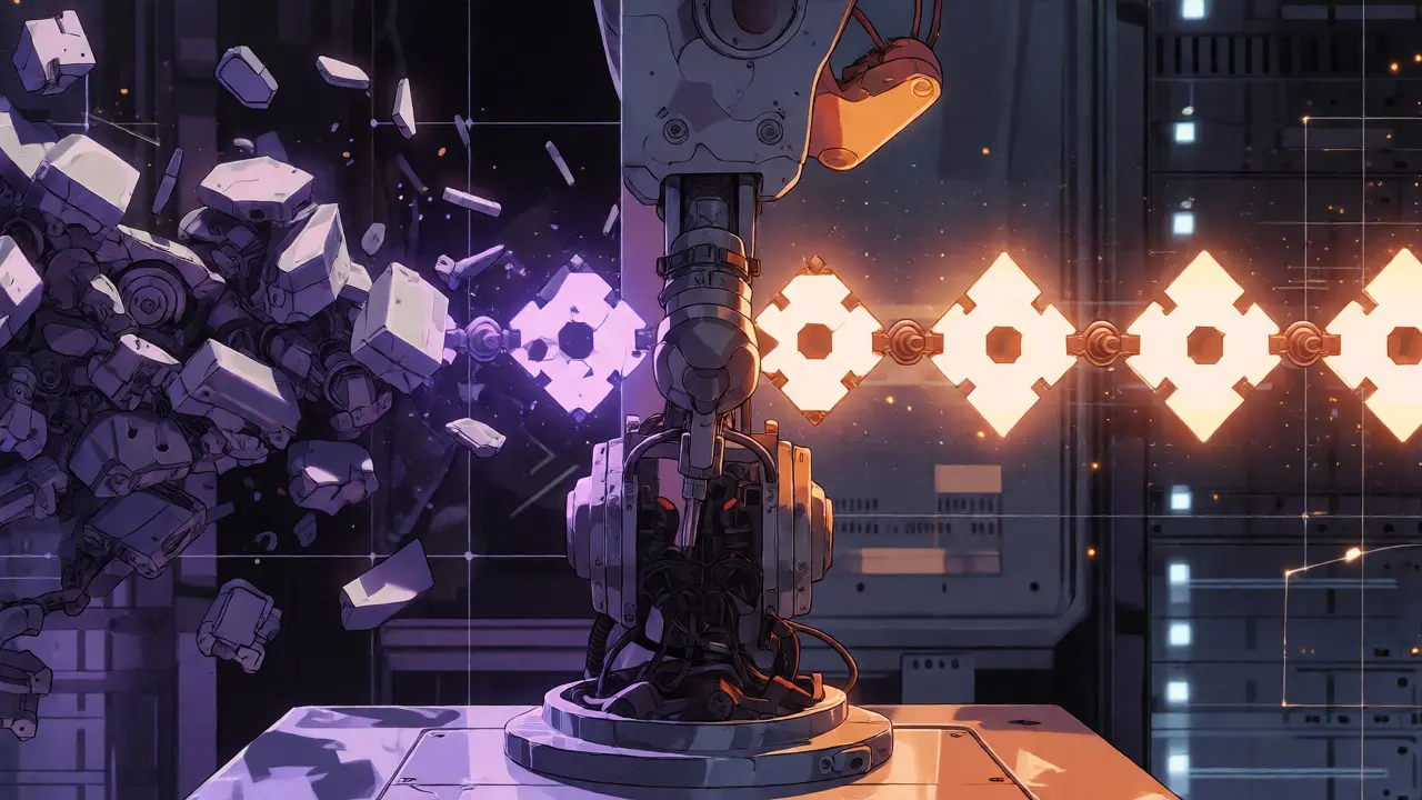 Robotic arm sorting accepted and rejected token blocks