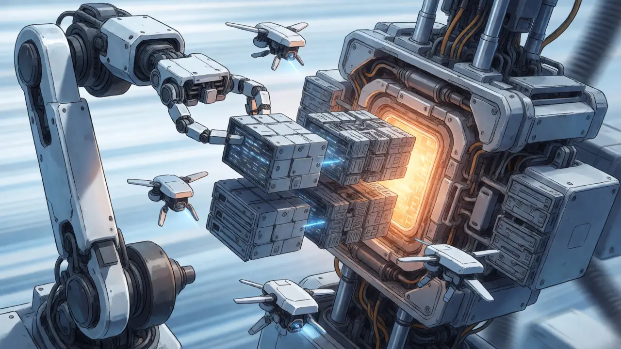 Robotic arms assemble data blocks into a central core with drones fixing errors nearby.