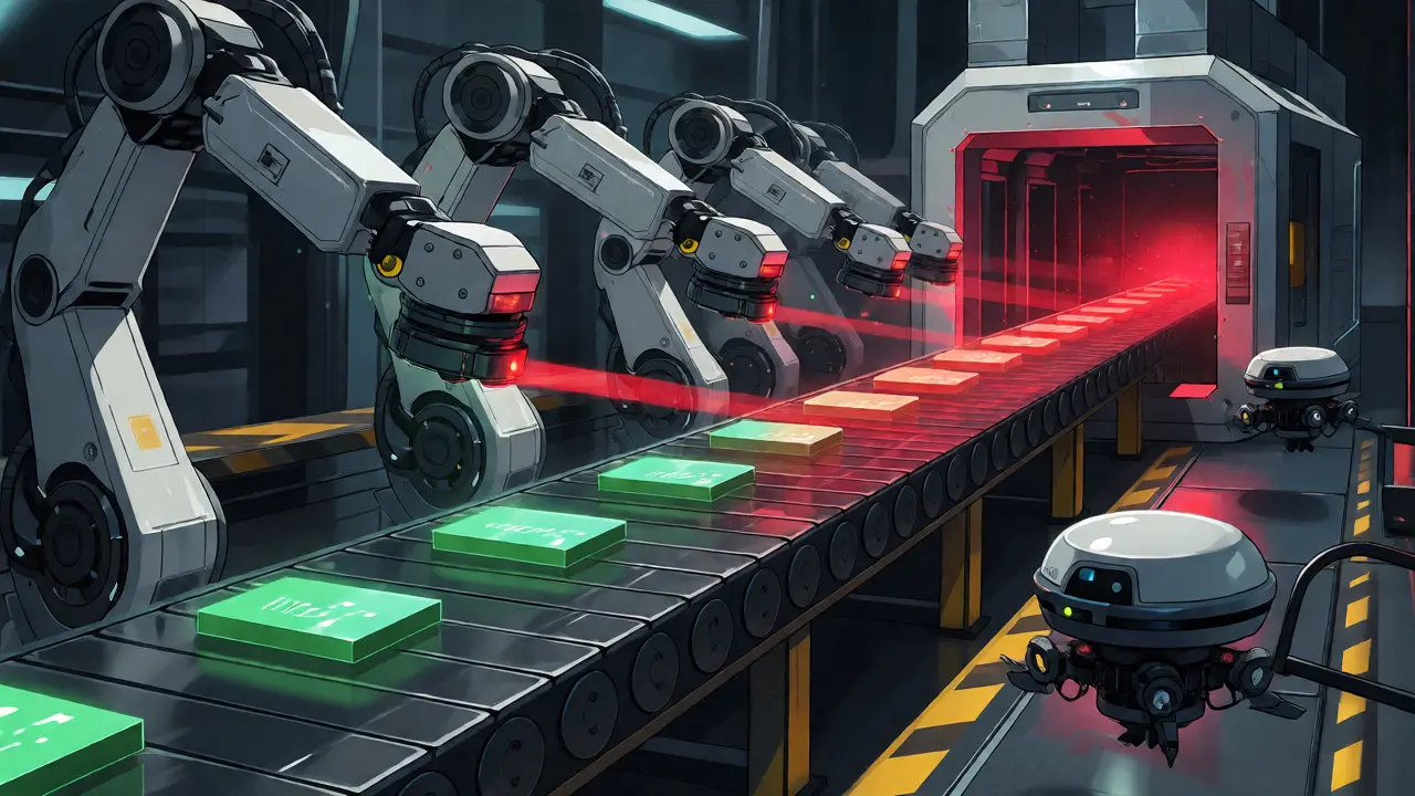 Robotic arms validating code components in an automated governance inspection line.