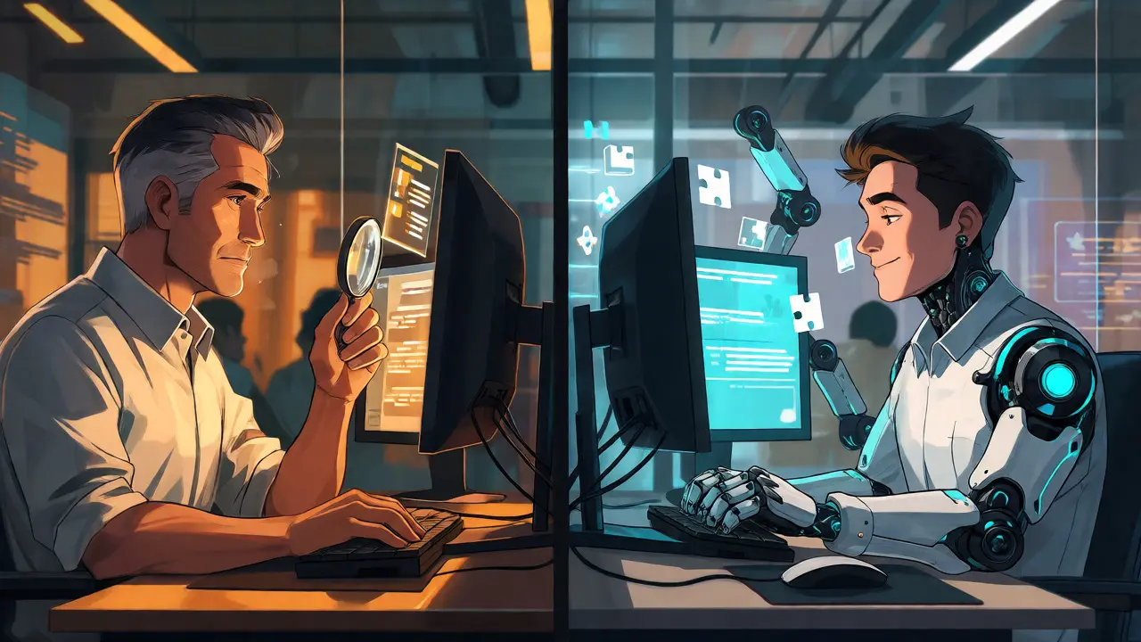 Senior and junior developers working side-by-side with different AI approaches