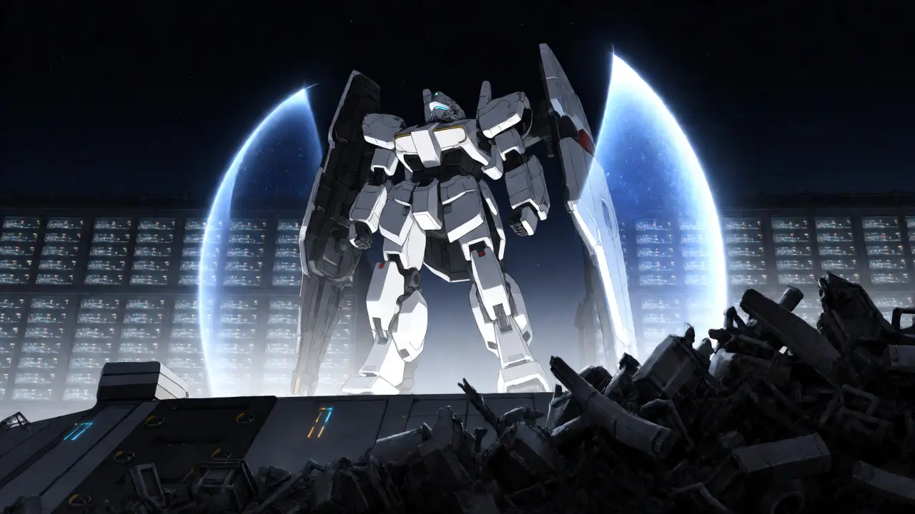 Sleek production-ready mecha on launchpad contrasting with scrap