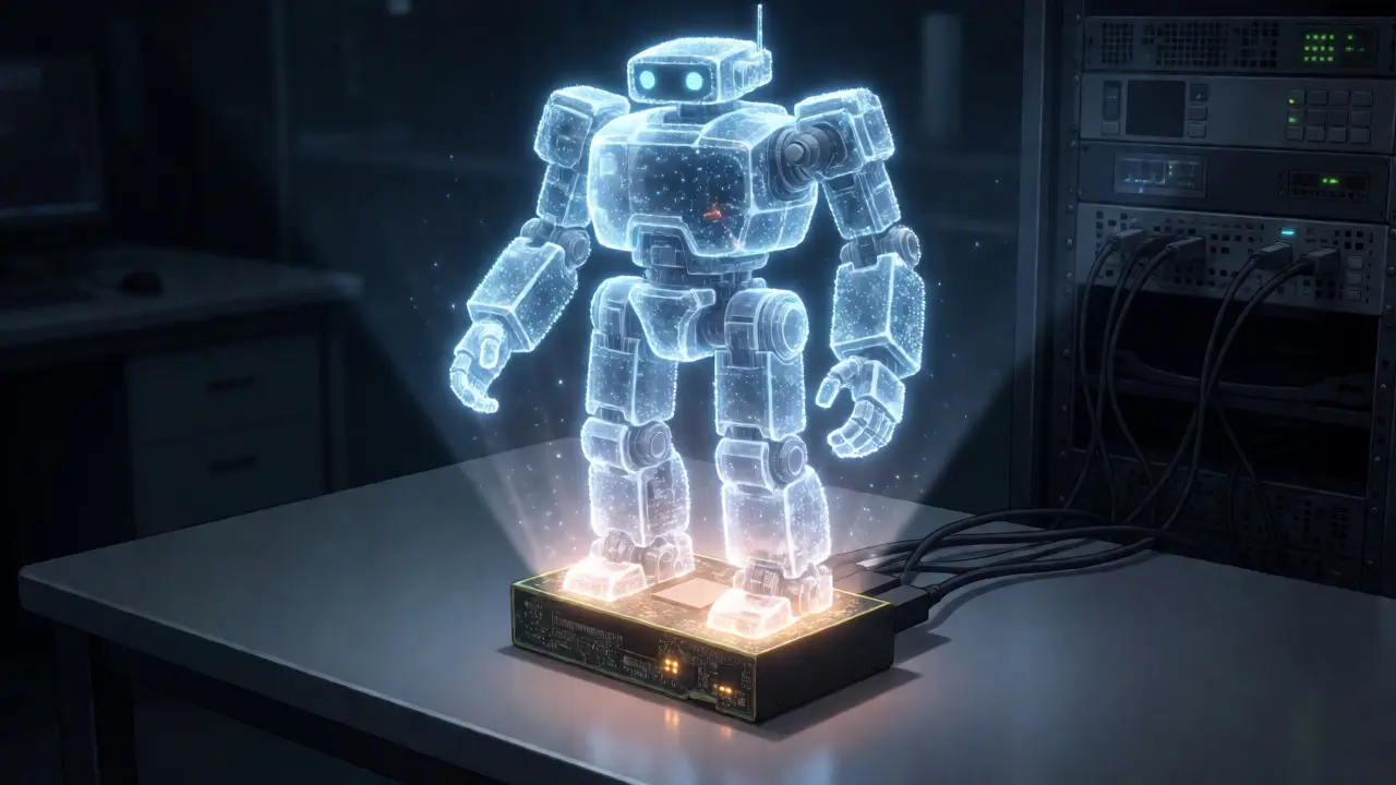 Small GPU projecting a giant holographic robot in anime real robot style