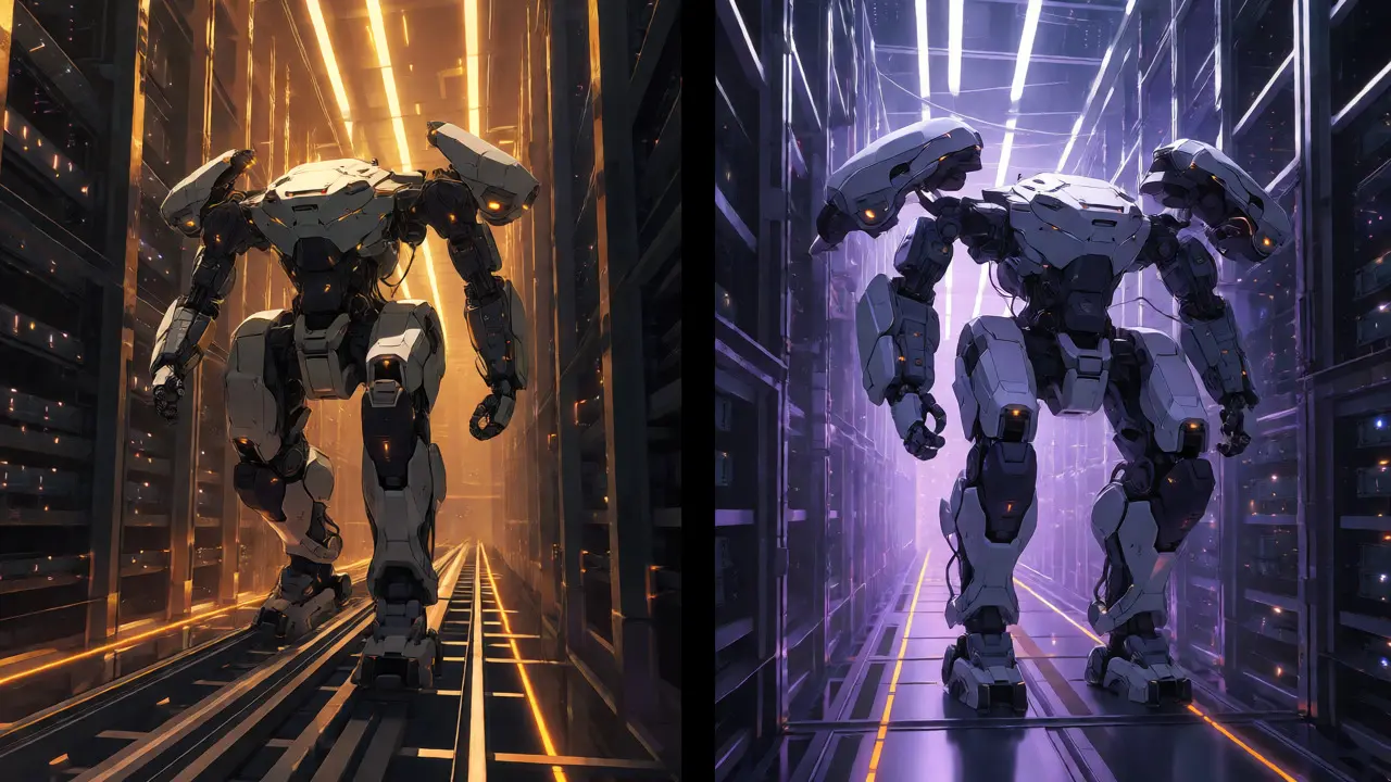 Split view of mecha in linear vs autonomous modes