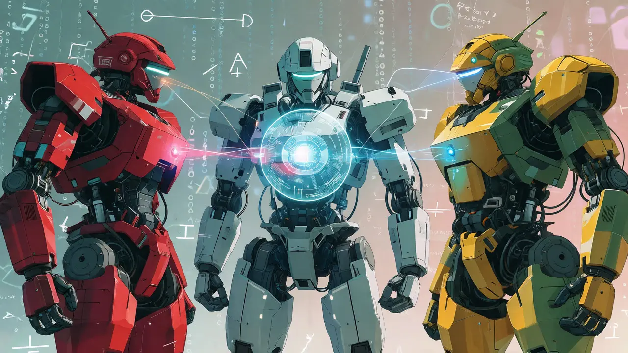 Three mechas connecting via encrypted light beams