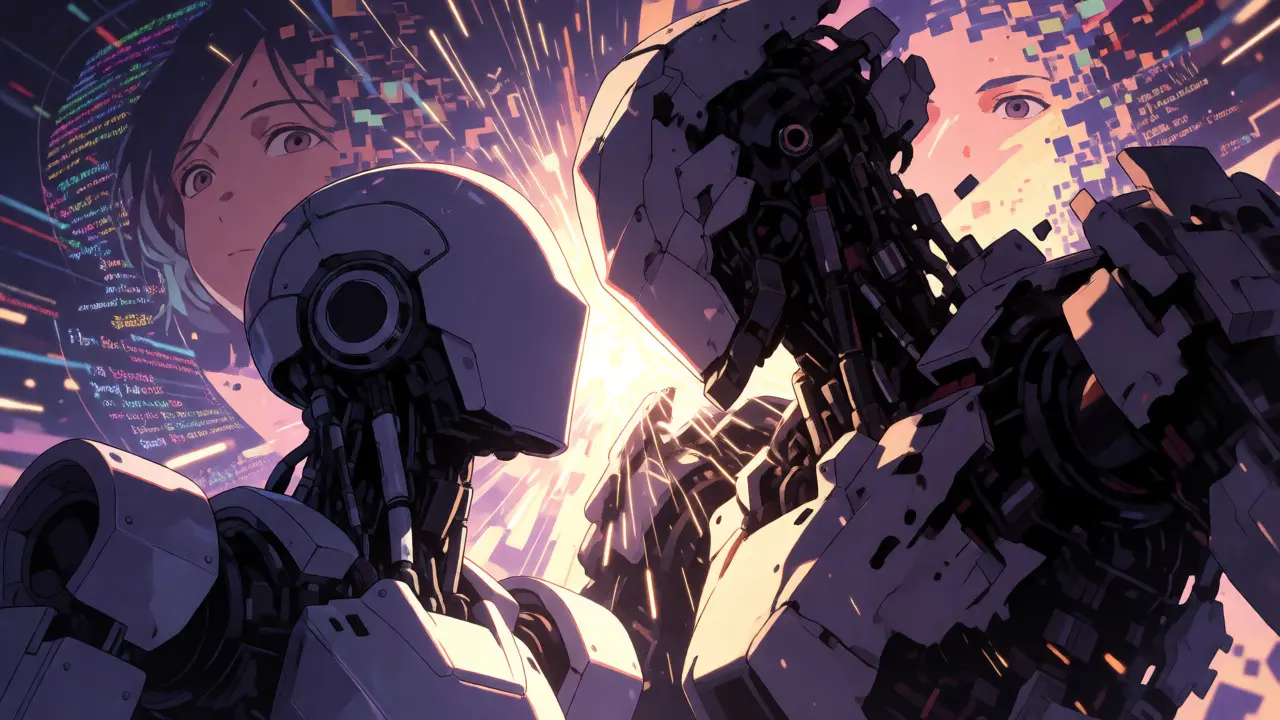 Two robots fight in a digital space, symbolizing the conflict between synthetic data and bias.