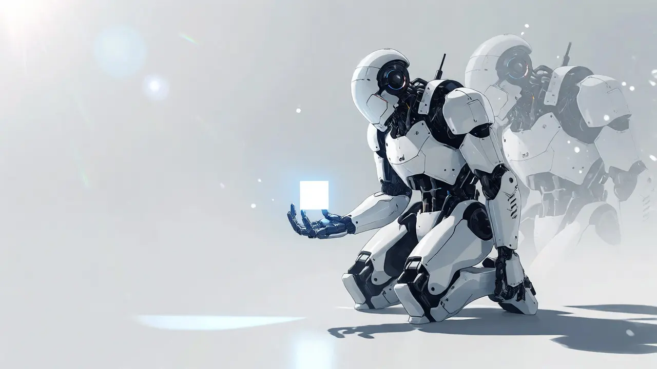 White mecha holding a cube of light in a minimalist white void