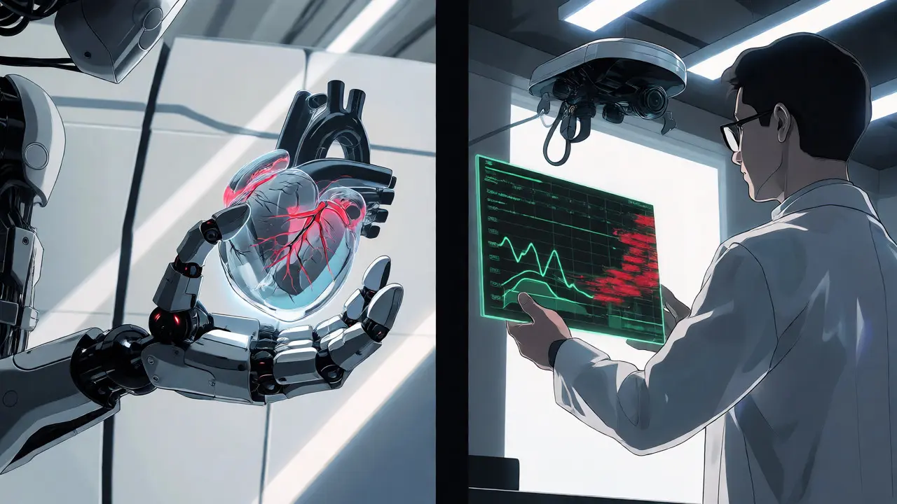 A clinician reviewing AI-generated data on a hologram while a robotic arm holds a glass heart, anime style.
