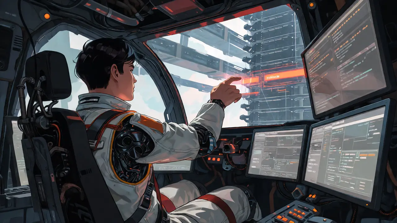 A developer pilots a mech cockpit, manually correcting floating code holograms.