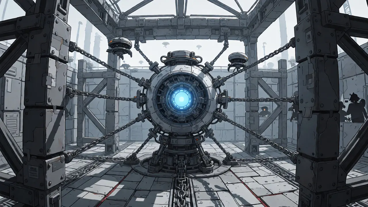 A fortified digital fortress with a secure core and scanning drones protecting against threats.