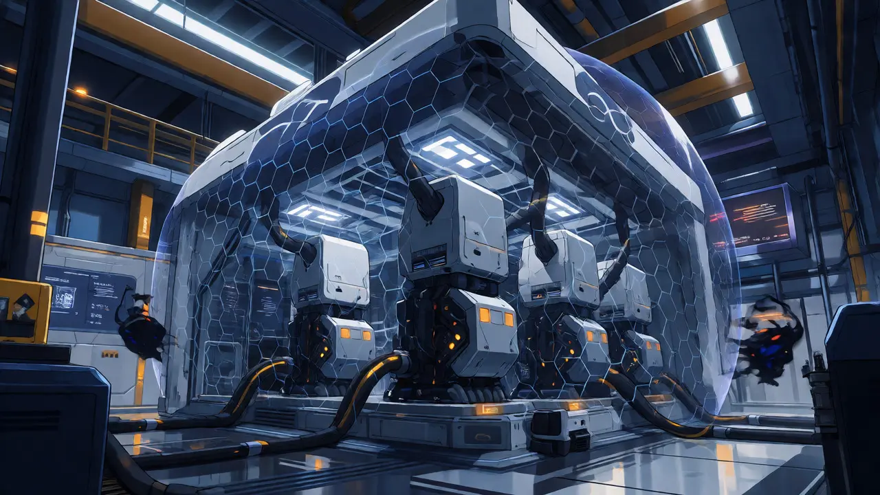 A fortified server fortress with AI units inside a shield, repelling shadowy unauthorized tech entities.