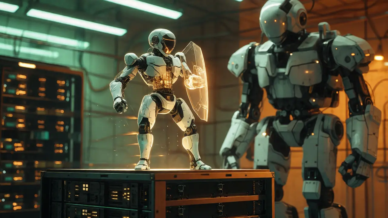 A sleek, optimized android stands before a bulky, outdated robot in a high-tech lab setting.