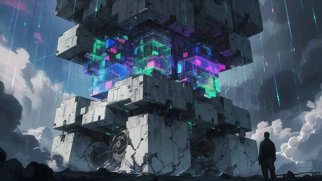 A towering, unstable anime mecha with glitching digital blocks, representing scalability issues.