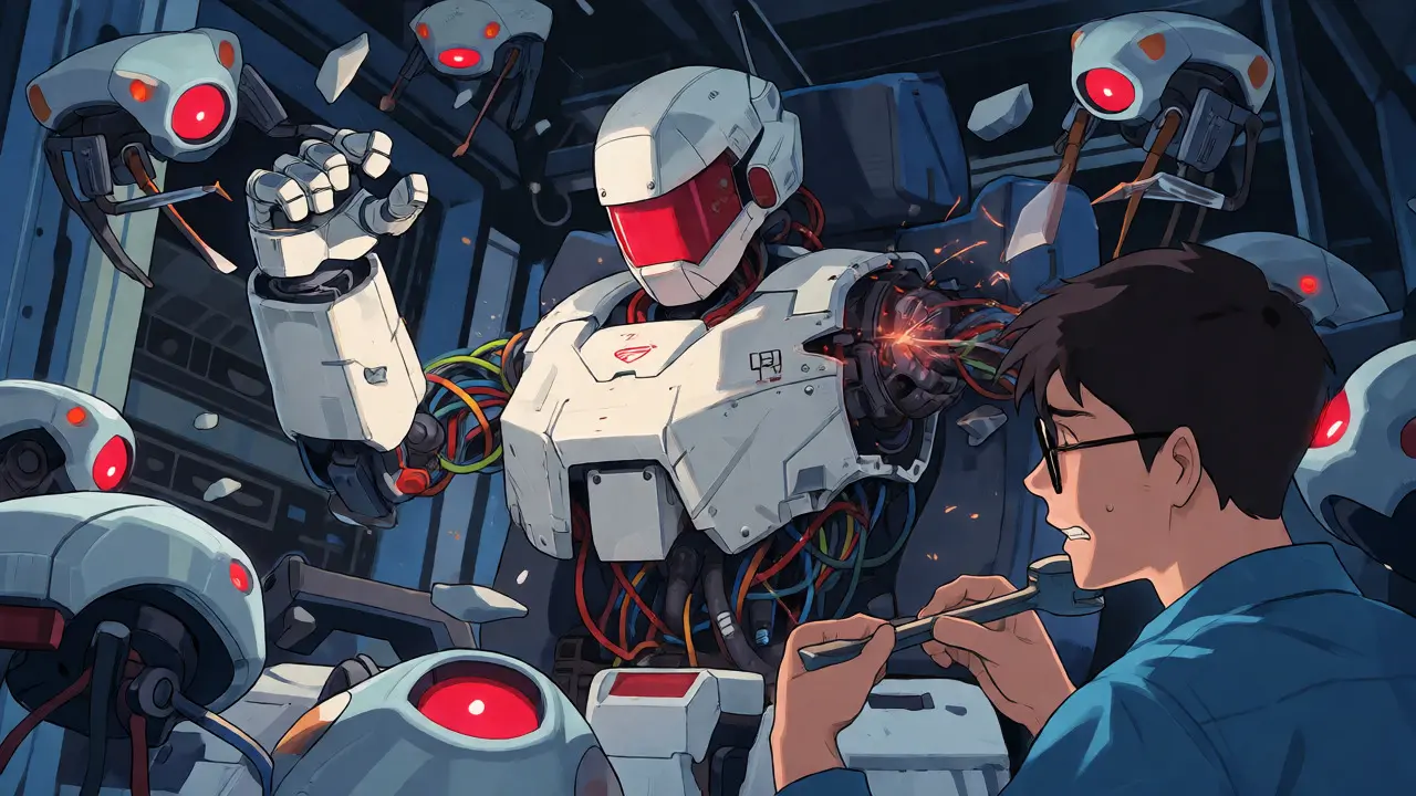An anime mecha being repaired by uncoordinated drones, illustrating context collapse and chaos.