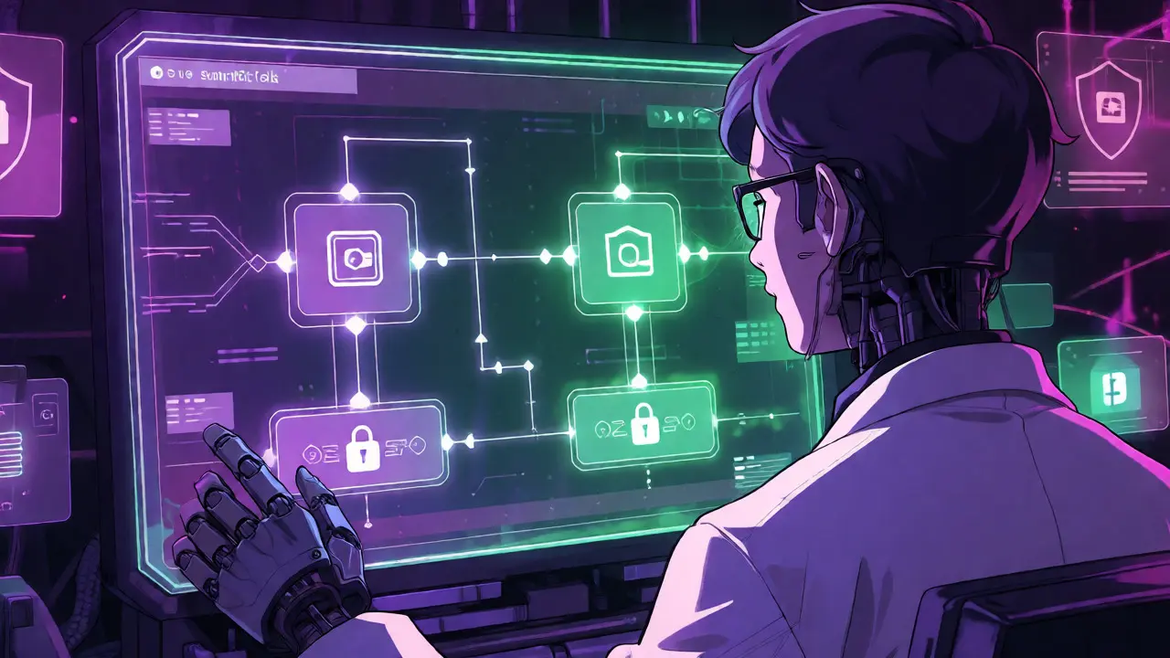 Anime character analyzing holographic data strategy trees in a high-tech lab.