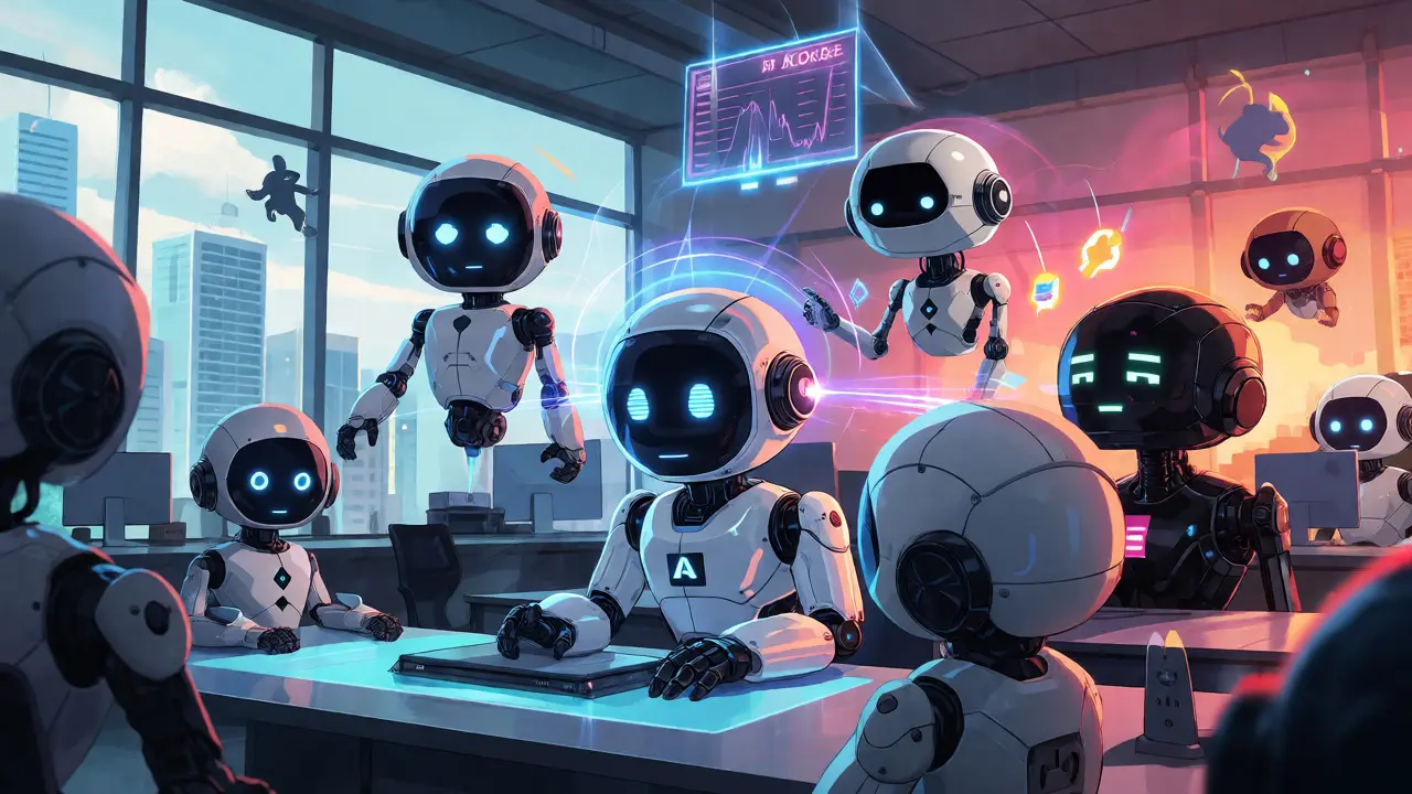 Autonomous AI robots coordinating business workflows in a synchronized network.