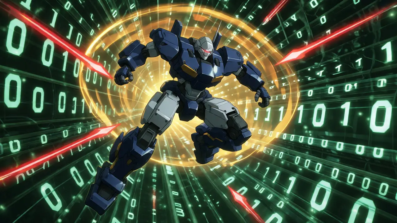 Blue combat mech deflecting red projectiles with a golden HTTPS encryption aura in cyberspace.