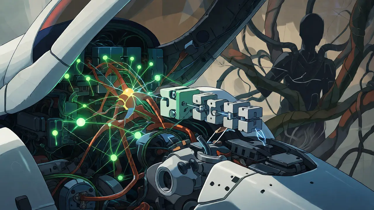 Close-up of a mecha's internal circuits showing automated CI/CD testing processes.