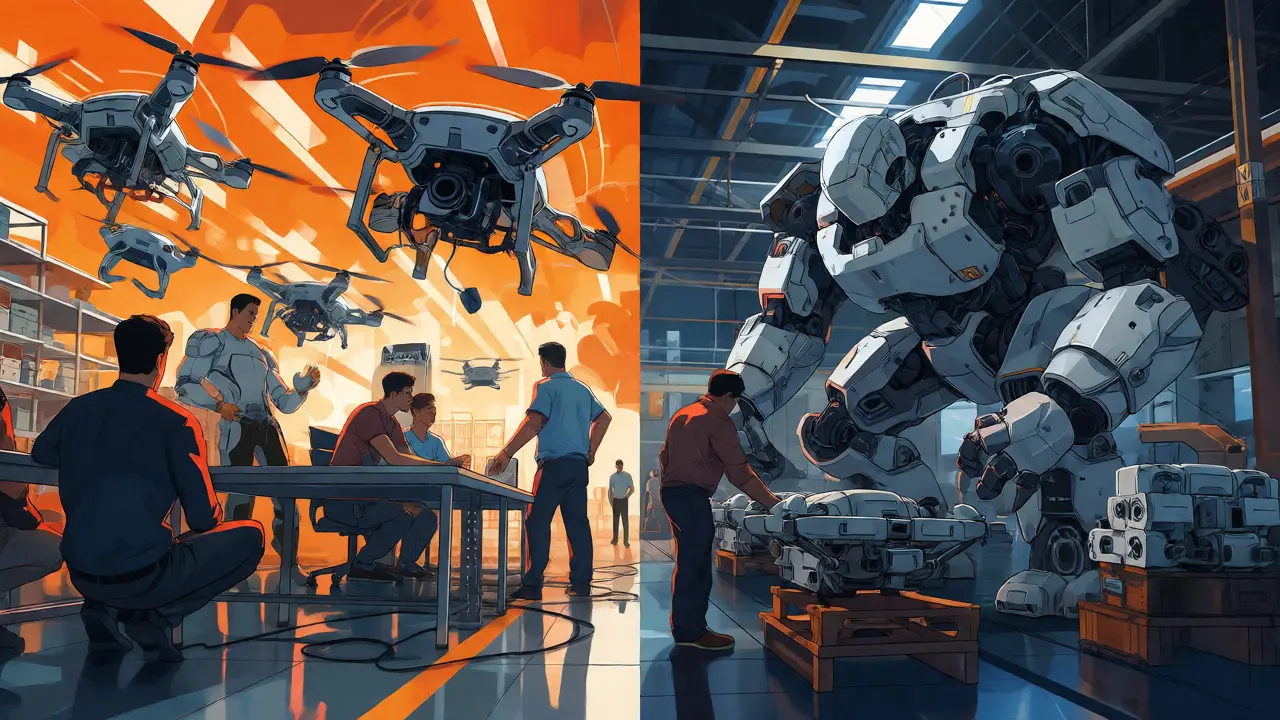 Contrast between agile startup robots and heavy enterprise mechs building software structures.