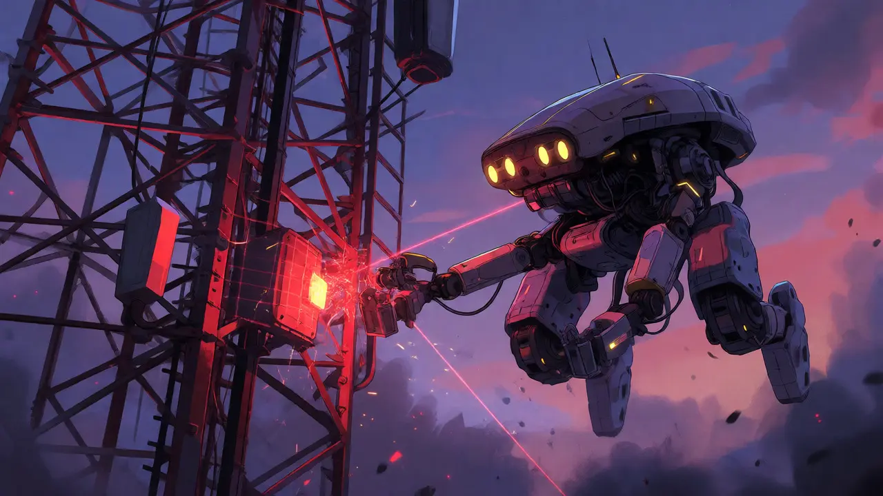 Diagnostic mecha robot scanning a telecom tower with red lasers during twilight for maintenance.