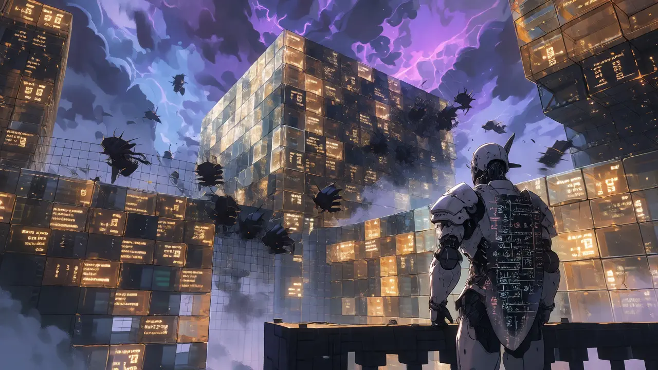 Digital code fortress under attack by glitch entities