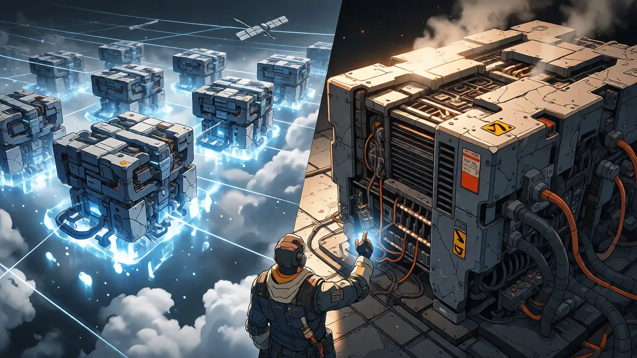 Engineer comparing cloud vs on-premise AI infrastructure in mecha-inspired anime art.