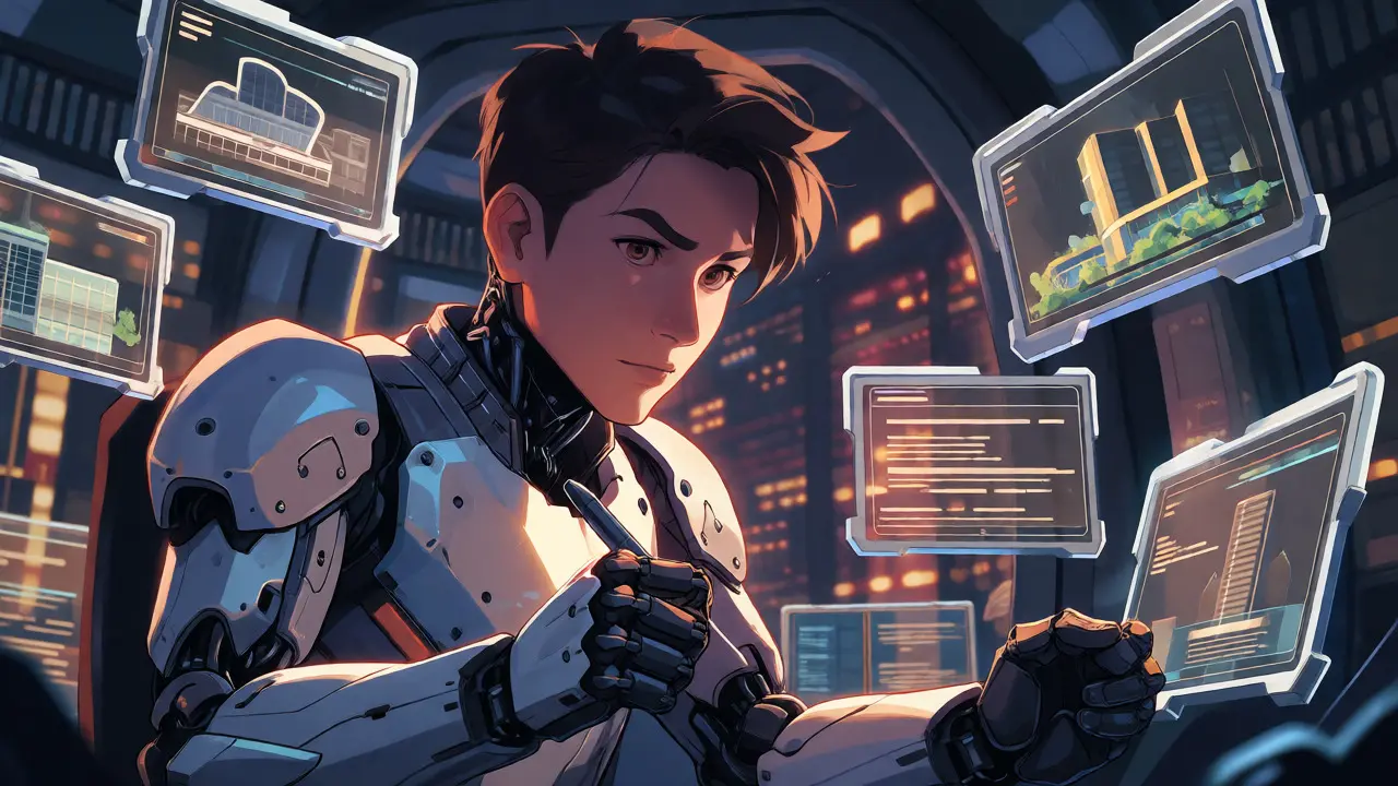 Engineer selecting options from floating holographic interfaces