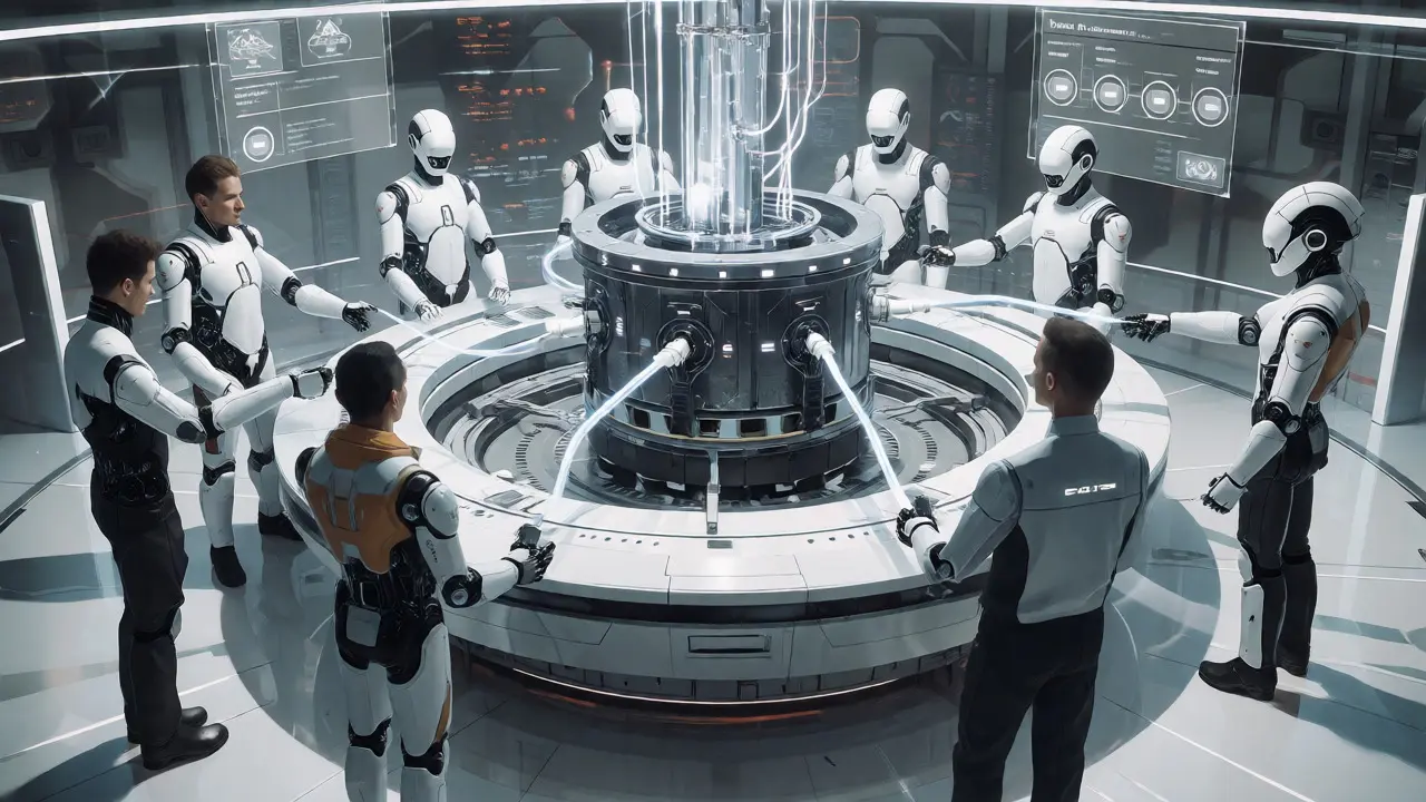 Engineers piloting mechas integrating code into a central trunk-based reactor core.