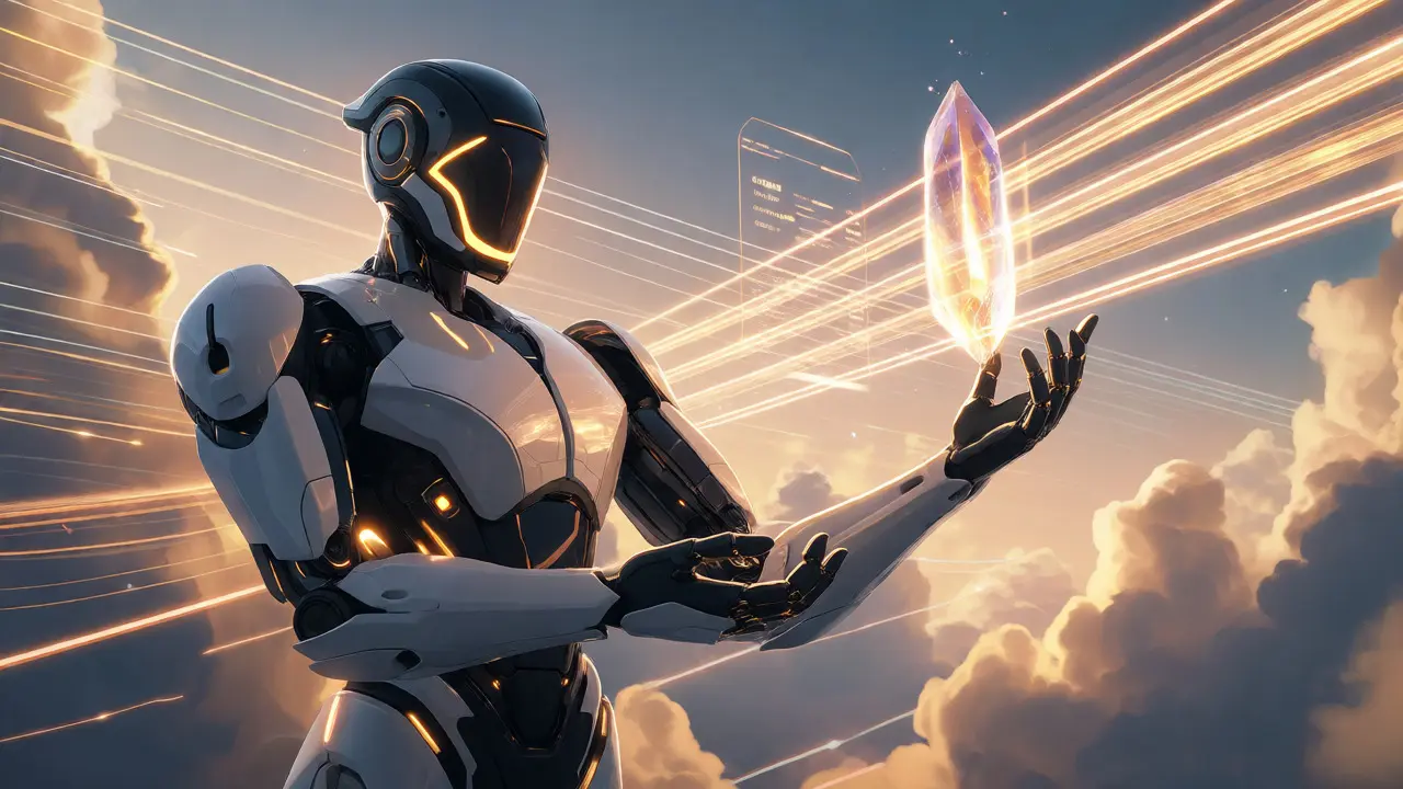 Futuristic android with linear golden light streams representing Performer efficiency