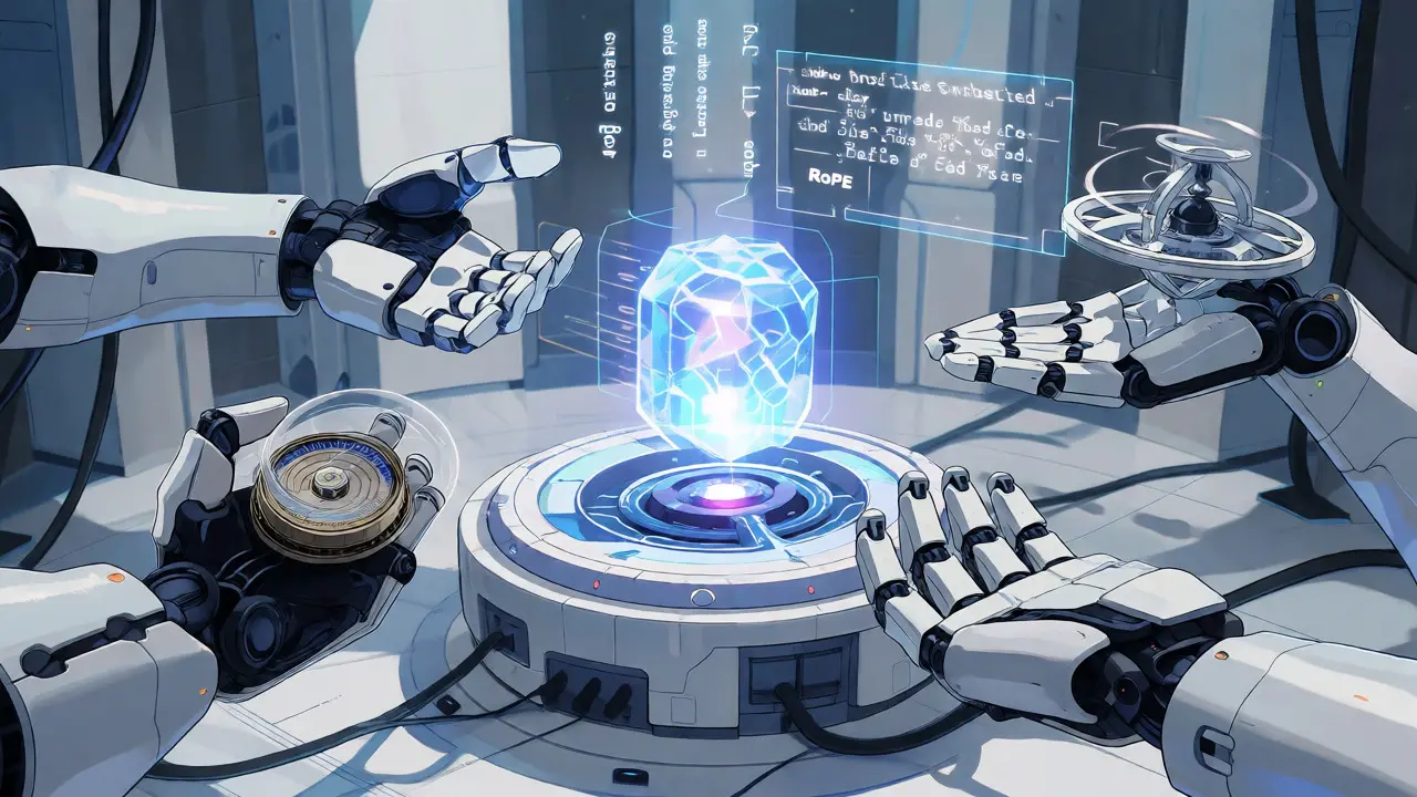 Futuristic lab comparing old and new positional encoding methods