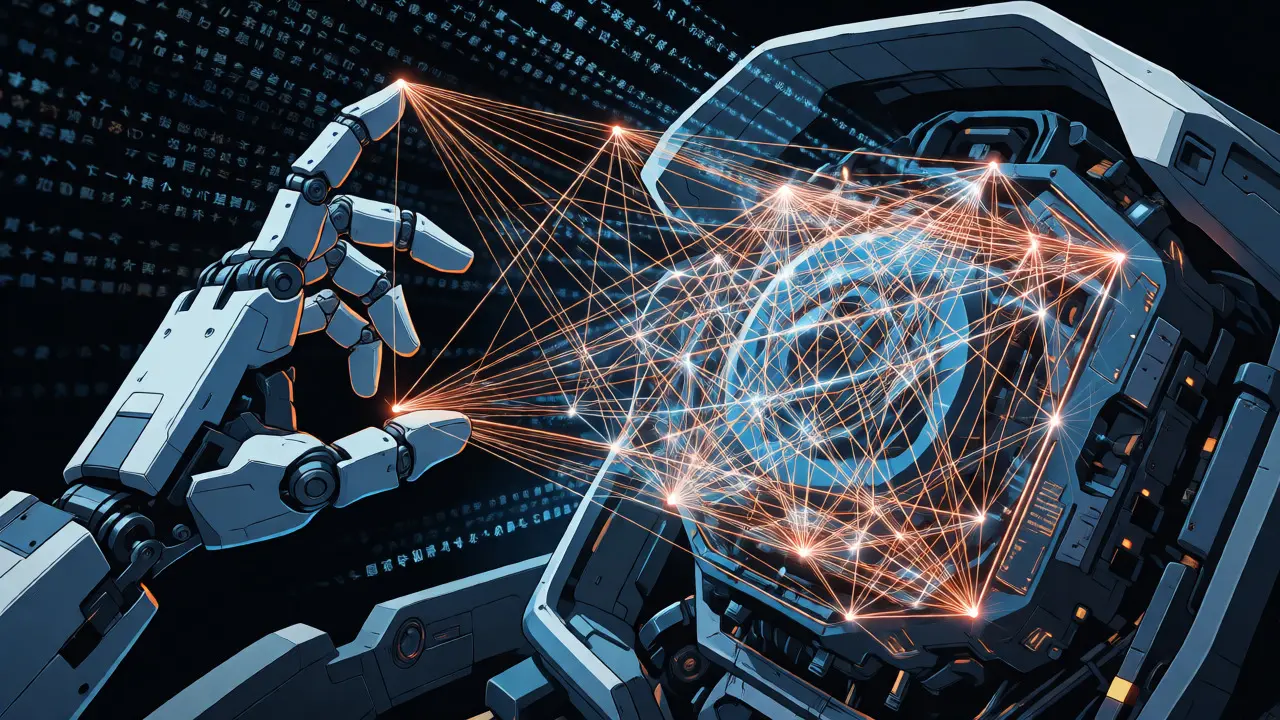 Glowing attention mechanism networks connect within a transformer AI core.