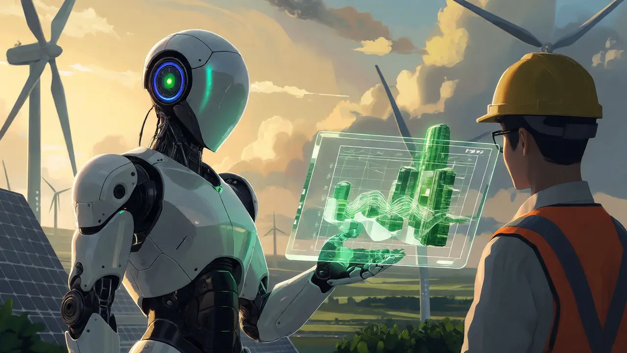 Human and AI robot collaborating on sustainable green tech designs in a futuristic city.