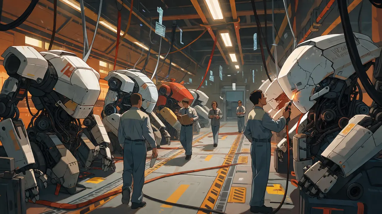 Human engineers inspect and repair docked robots in a high-tech hangar.