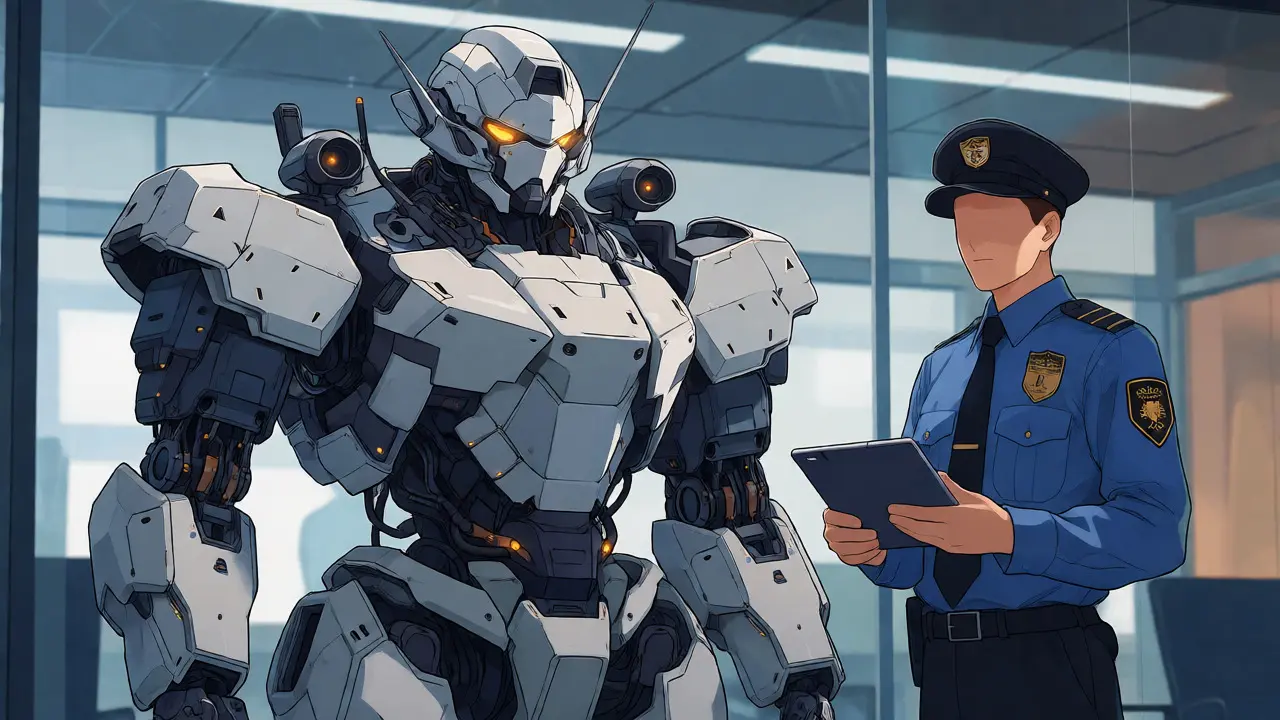 Human officer monitoring a large guardian mecha unit in an office.