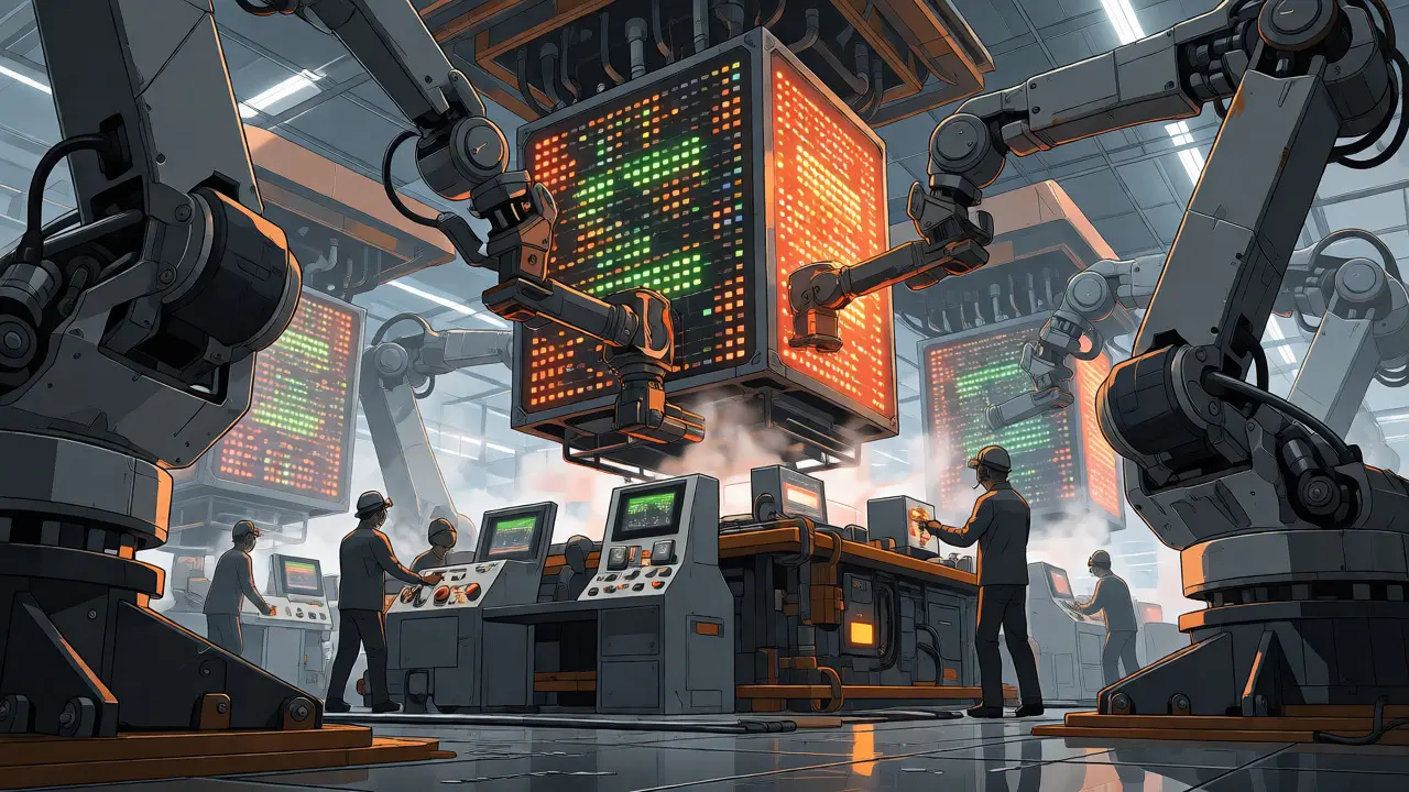 Industrial robots managing glowing AI model cores on a production floor in anime style.